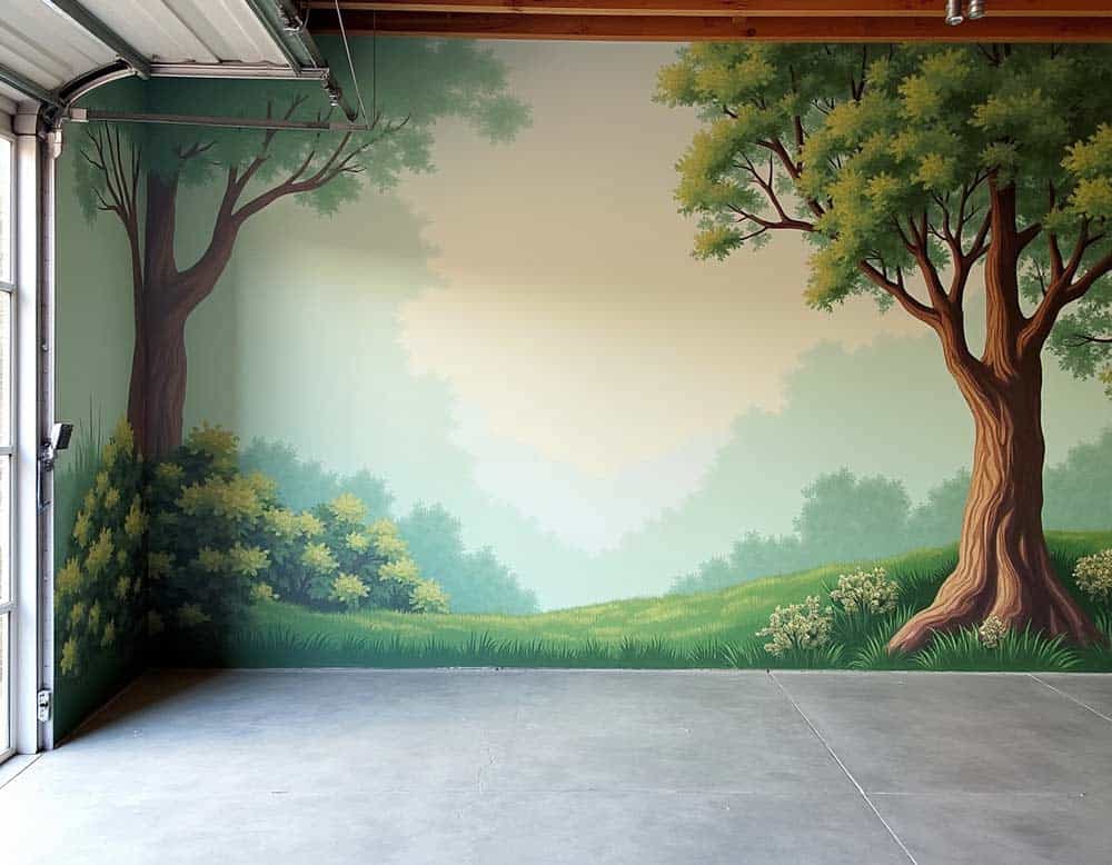 Garagenwand mit Natur und Baum Motiv Garagenwand mit Natur und Baum Motiv