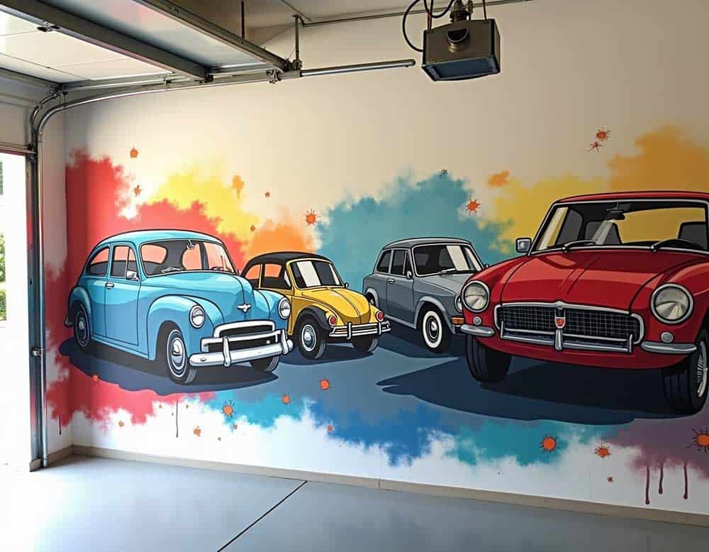 Garagenwand mit farbenfrohem Auto-Motiv Garagenwand mit farbenfrohem Auto-Motiv