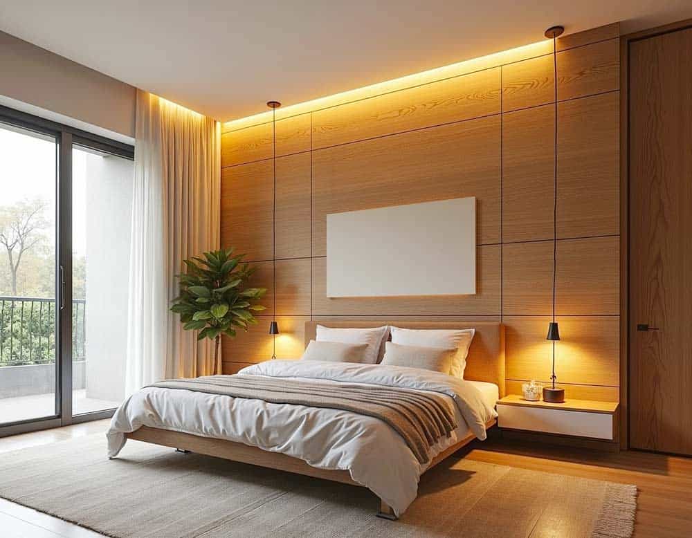 Zimmerwand im Schlafzimmer mit Holz und Licht